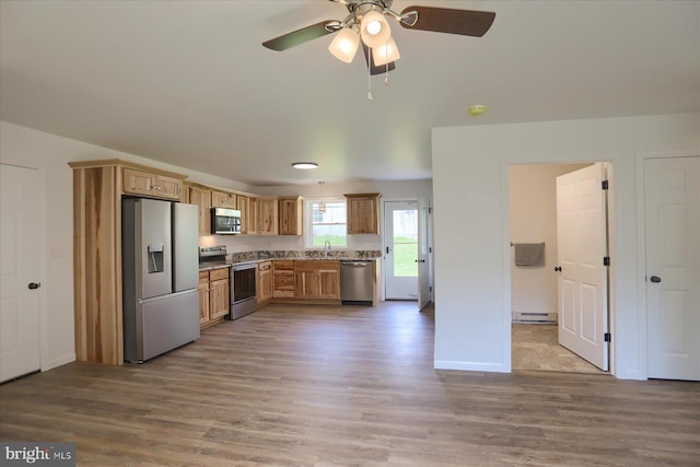 3497 New Lancaster Valley Rd, Milroy, PA 17063 - kitchen featuring a sink, stainless steel appliances, ceiling fan, baseboards, and wood finished floors