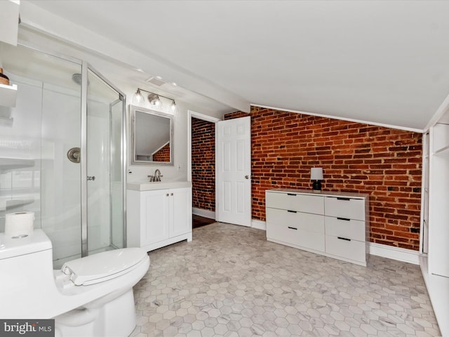 23 E Wheeling St, Baltimore, MD 21230 - full bathroom featuring a shower stall, vaulted ceiling, toilet, and brick wall