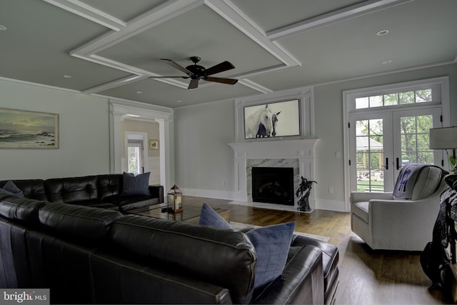 living area featuring plenty of natural light, a fireplace, ceiling fan, and wood finished floors