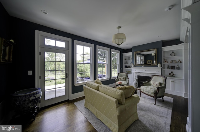 living area featuring baseboards, dark wood finished floors, and a fireplace