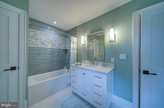 full bath with recessed lighting, vanity, tile patterned floors, and shower / bathtub combination with curtain