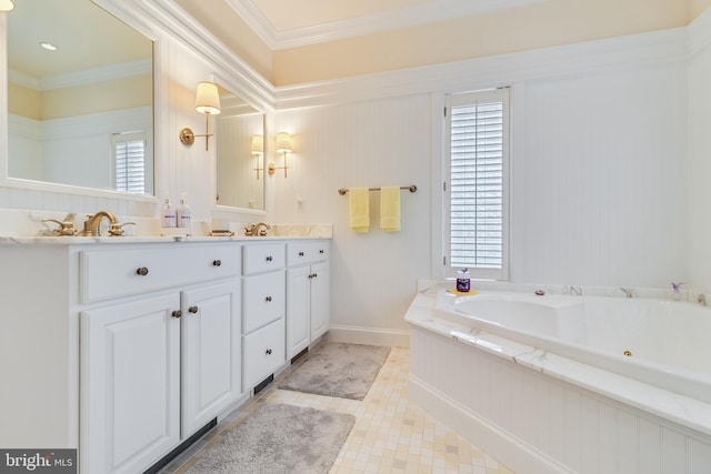 full bath with plenty of natural light and ornamental molding