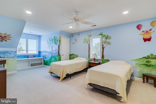 bedroom with baseboards, visible vents, carpet, and recessed lighting