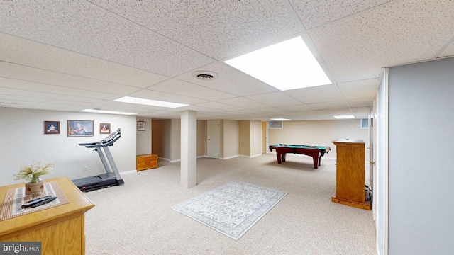 1550 Beacon St, Keyser, WV 26726 - rec room featuring pool table, visible vents, a drop ceiling, and light carpet