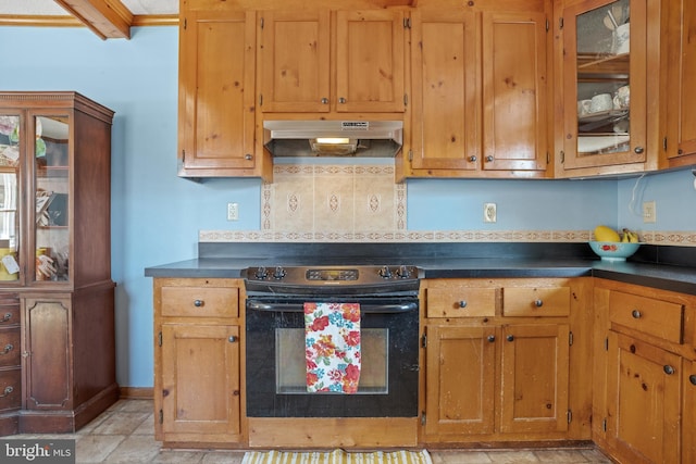 kitchen featuring under cabinet range hood, dark countertops, and black electric range oven