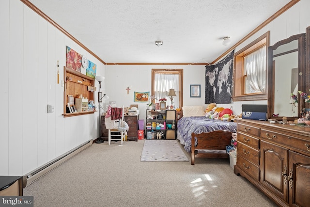 bedroom with a baseboard heating unit, crown molding, a textured ceiling, and light colored carpet