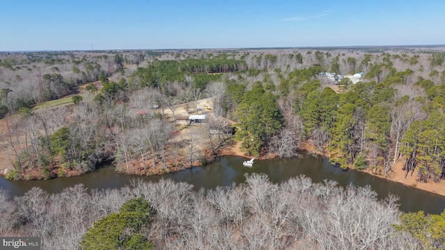 birds eye view of property featuring a view of trees and a water view