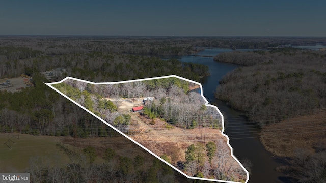 drone / aerial view with a wooded view and a water view
