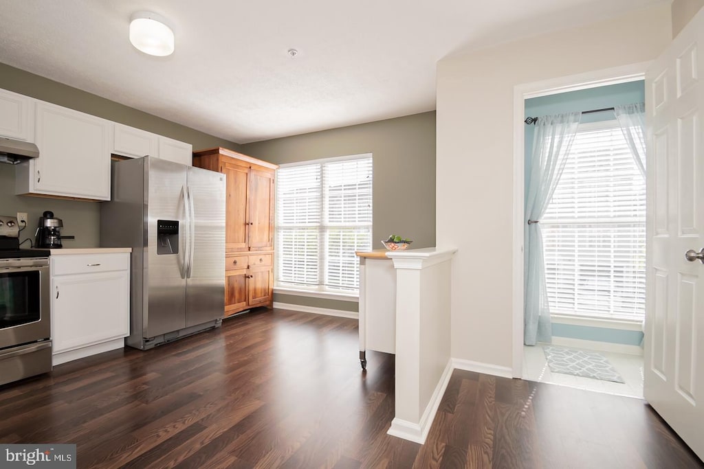 kitchen featuring dark wood finished floors, white cabinetry, stainless steel appliances, and plenty of natural light