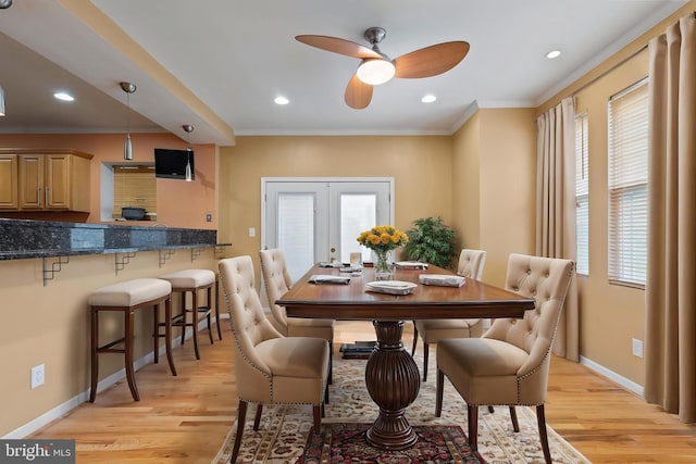 4626 Kavon Ave, Baltimore, MD 21206 - dining space featuring light wood-style flooring, crown molding, baseboards, ceiling fan, and recessed lighting