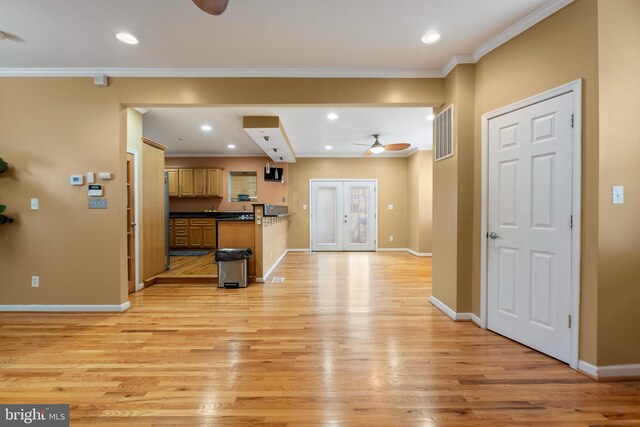 4626 Kavon Ave, Baltimore, MD 21206 - interior space with a ceiling fan, baseboards, light wood-style floors, ornamental molding, and recessed lighting