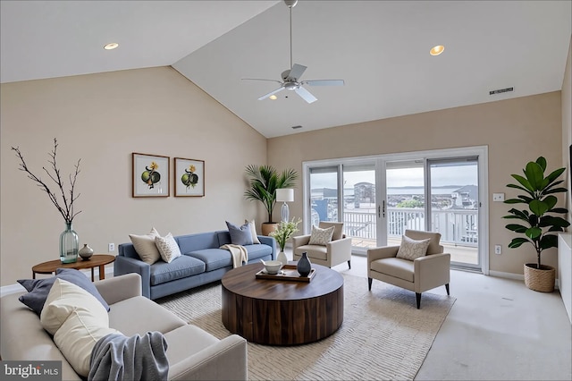 11 Marina View Ct Unit A-6, Bethany Beach, DE 19930 - living room with baseboards, high vaulted ceiling, light colored carpet, recessed lighting, and a ceiling fan