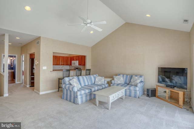 11 Marina View Ct Unit A-6, Bethany Beach, DE 19930 - living room featuring visible vents, a ceiling fan, high vaulted ceiling, and light carpet