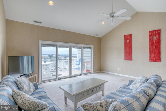 11 Marina View Ct Unit A-6, Bethany Beach, DE 19930 - carpeted living area featuring visible vents, baseboards, ceiling fan, high vaulted ceiling, and recessed lighting