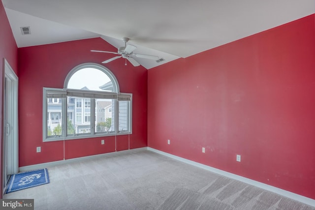 11 Marina View Ct Unit A-6, Bethany Beach, DE 19930 - empty room featuring a ceiling fan, carpet flooring, lofted ceiling, and visible vents