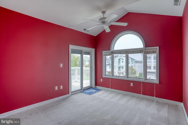11 Marina View Ct Unit A-6, Bethany Beach, DE 19930 - spare room featuring visible vents, baseboards, ceiling fan, high vaulted ceiling, and carpet flooring