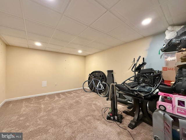 workout room with recessed lighting, carpet flooring, and baseboards