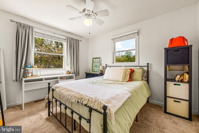 bedroom with baseboards, multiple windows, and light carpet