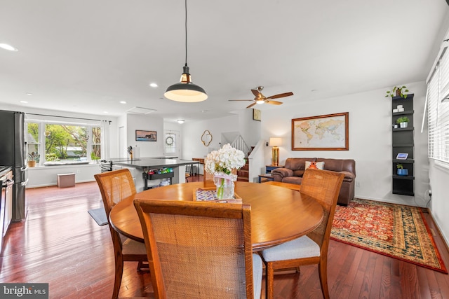 dining space featuring wood-type flooring, recessed lighting, a ceiling fan, and stairway