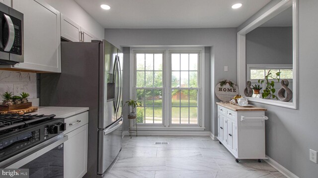 46932 Trumpet Cir, Sterling, VA 20164 - kitchen featuring stainless steel appliances, plenty of natural light, light countertops, recessed lighting, and light marble finish floors
