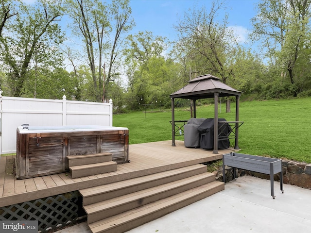12943 Harford Rd, Hydes, MD 21082 - deck with a hot tub, a gazebo, a yard, grilling area, and view of scattered trees