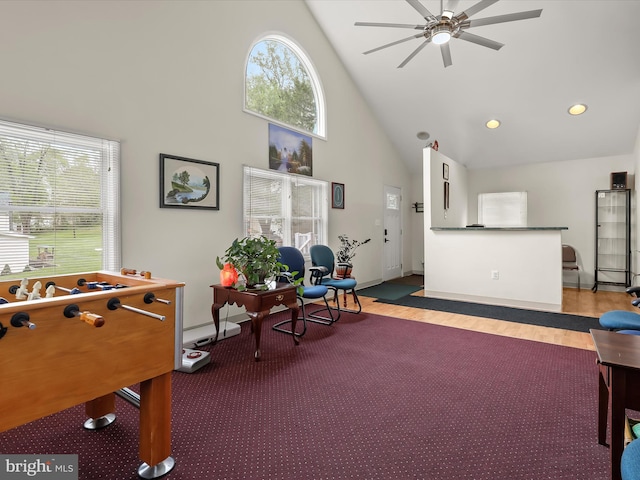 12943 Harford Rd, Hydes, MD 21082 - playroom with high vaulted ceiling, a ceiling fan, healthy amount of natural light, wood finished floors, and recessed lighting