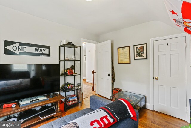 living room featuring wood finished floors and lofted ceiling