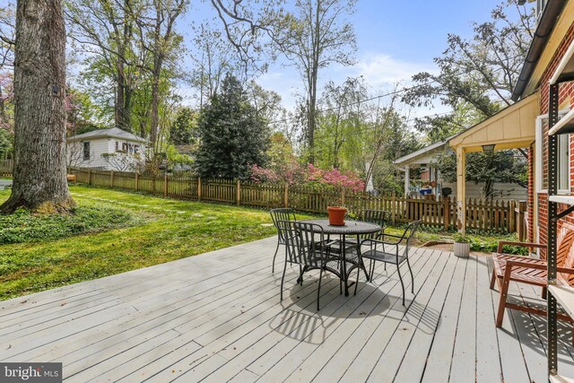 deck featuring a fenced backyard, outdoor dining area, and a lawn