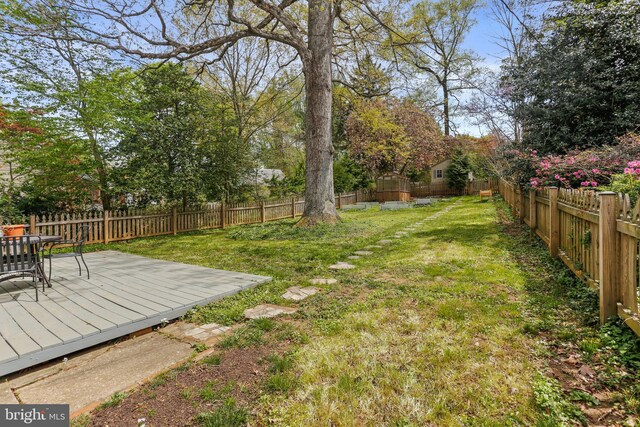view of yard with a fenced backyard, outdoor dining area, and a deck