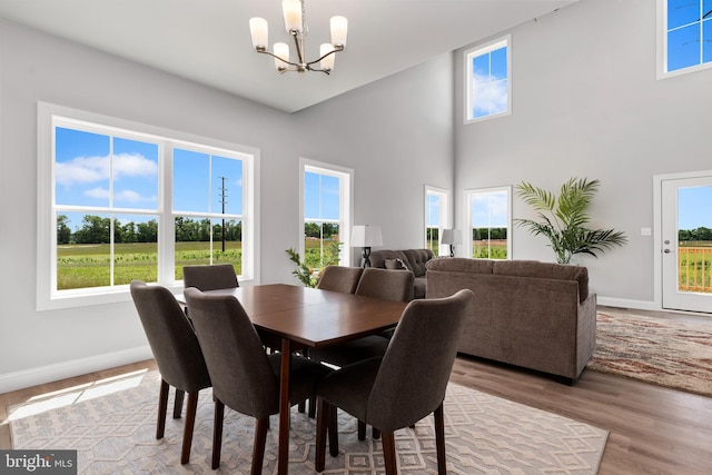 dining space featuring a healthy amount of sunlight, baseboards, wood finished floors, and a notable chandelier