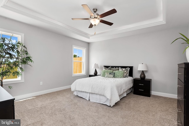 bedroom with light colored carpet, a raised ceiling, baseboards, and multiple windows