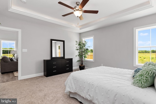 carpeted bedroom with baseboards, ornamental molding, a ceiling fan, and a tray ceiling
