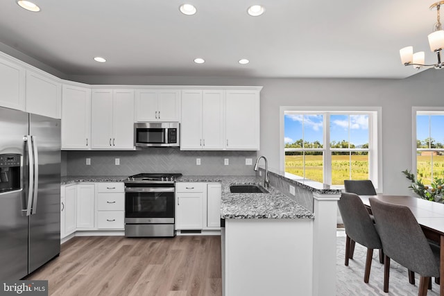 kitchen with backsplash, appliances with stainless steel finishes, a sink, a peninsula, and white cabinetry
