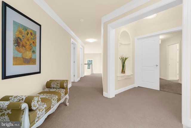 living area featuring carpet flooring, baseboards, and crown molding