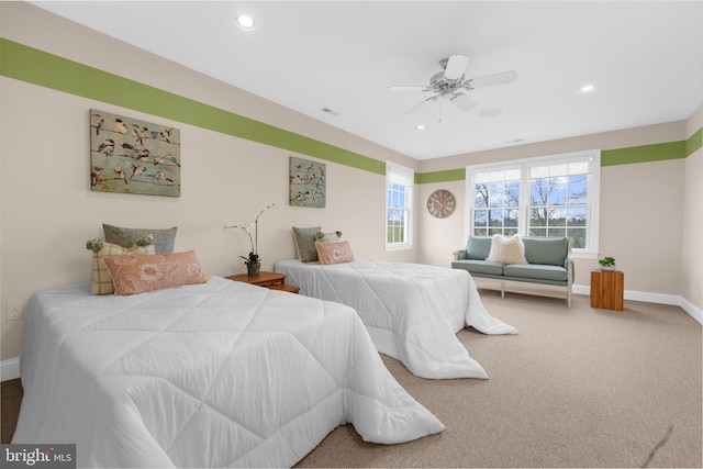 carpeted bedroom with baseboards, a ceiling fan, and recessed lighting
