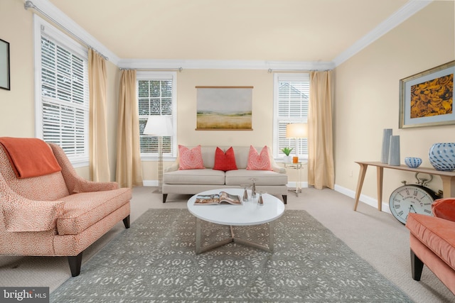 living area featuring baseboards, ornamental molding, a wealth of natural light, and carpet