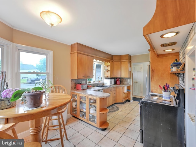 24 Keeler Ave, Stevens, PA 17578 - kitchen with white appliances, light countertops, light tile patterned flooring, tasteful backsplash, and open shelves