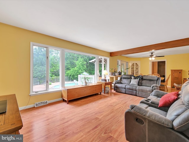 24 Keeler Ave, Stevens, PA 17578 - living room featuring light wood-style floors, beam ceiling, and ceiling fan