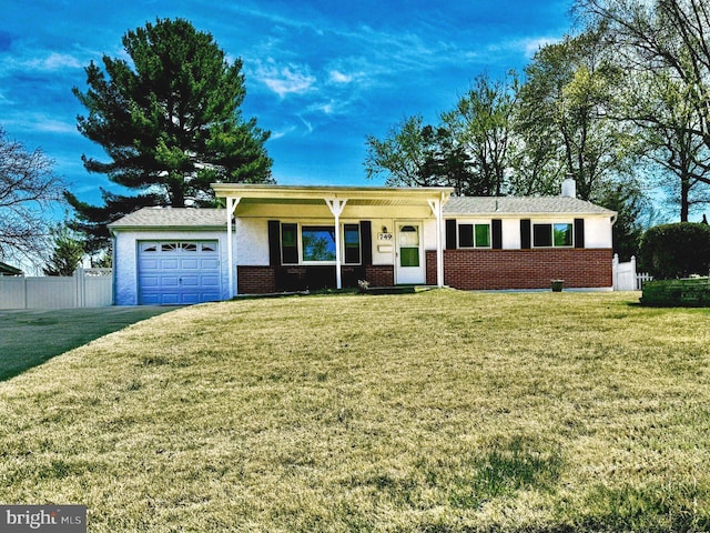 749 Ivers Ln, Warminster, PA 18974 - ranch-style home featuring a chimney, fence, a front lawn, an attached garage, and brick siding