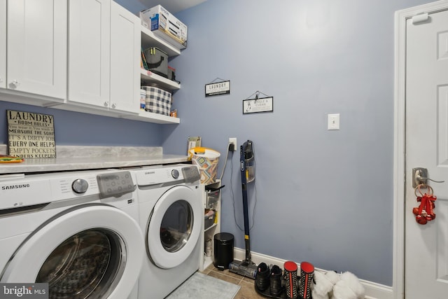 812 Lincoln Rd, Mullica Hill, NJ 08062 - laundry room featuring separate washer and dryer, cabinet space, baseboards, and tile patterned flooring