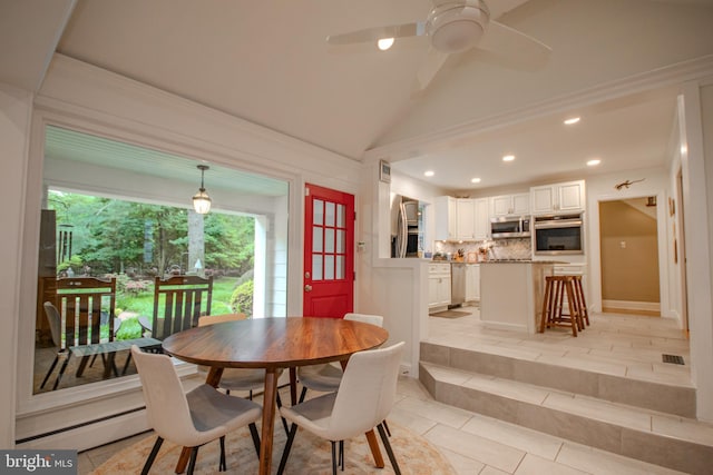 1511 Camden Ave, Salisbury, MD 21801 - dining space with baseboard heating, recessed lighting, ceiling fan, light tile patterned flooring, and lofted ceiling