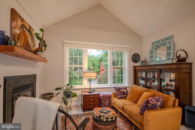 1511 Camden Ave, Salisbury, MD 21801 - living area featuring vaulted ceiling, a glass covered fireplace, and baseboards