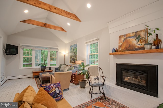 1511 Camden Ave, Salisbury, MD 21801 - living area featuring beam ceiling, wood finished floors, a glass covered fireplace, recessed lighting, and high vaulted ceiling