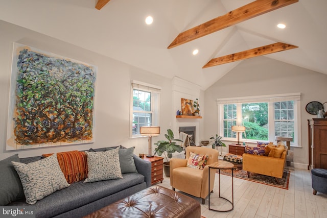 1511 Camden Ave, Salisbury, MD 21801 - living area featuring beam ceiling, recessed lighting, light wood-style flooring, a fireplace, and high vaulted ceiling