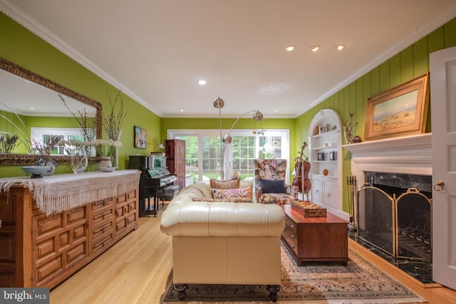 1511 Camden Ave, Salisbury, MD 21801 - living room with light wood-style floors, a high end fireplace, ornamental molding, recessed lighting, and built in features