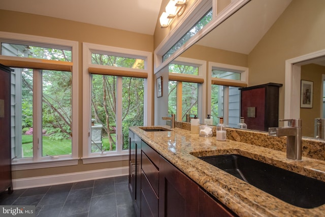 1511 Camden Ave, Salisbury, MD 21801 - kitchen with a sink, baseboards, light stone counters, lofted ceiling, and dark brown cabinets