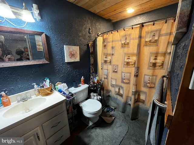 113 Place Lafayette Ln, Hollidaysburg, PA 16648 - bathroom with wood ceiling, vanity, toilet, a textured wall, and a shower with shower curtain