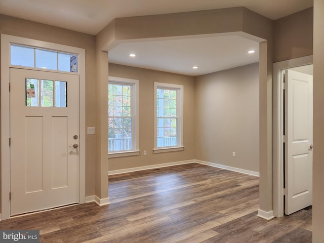 entrance foyer with baseboards, recessed lighting, and dark wood finished floors