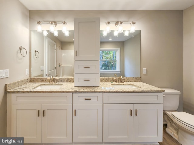 bathroom featuring double vanity, a sink, and toilet