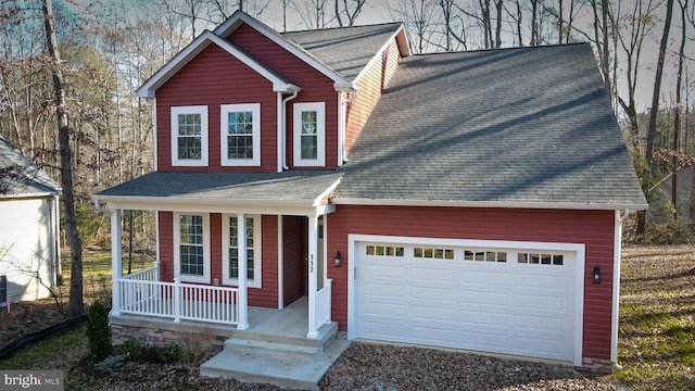 traditional-style house with an attached garage, central AC, roof with shingles, a porch, and driveway